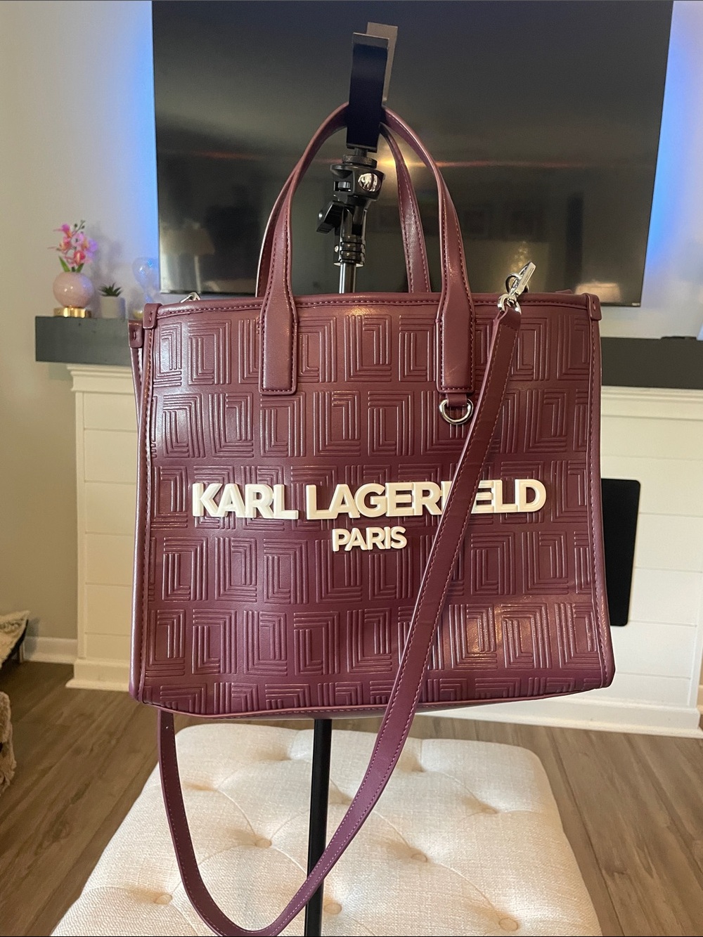 Karl Lagerfeld Wine Red Quilted Logo Satchel